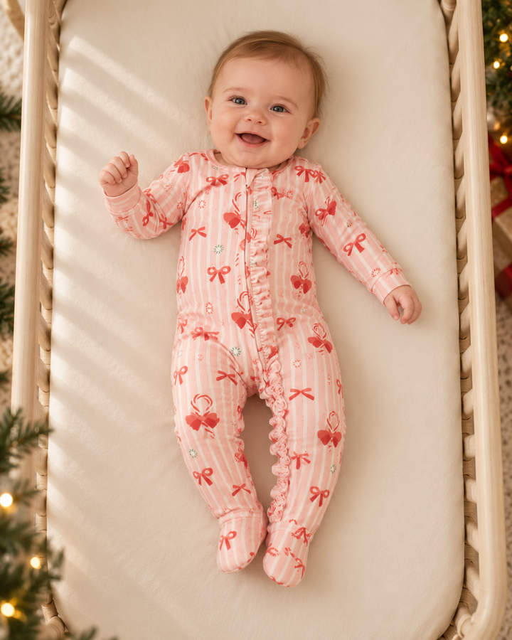 Peppermint Lane (Ruffle Convertible Zip Footies) - Pink Bows