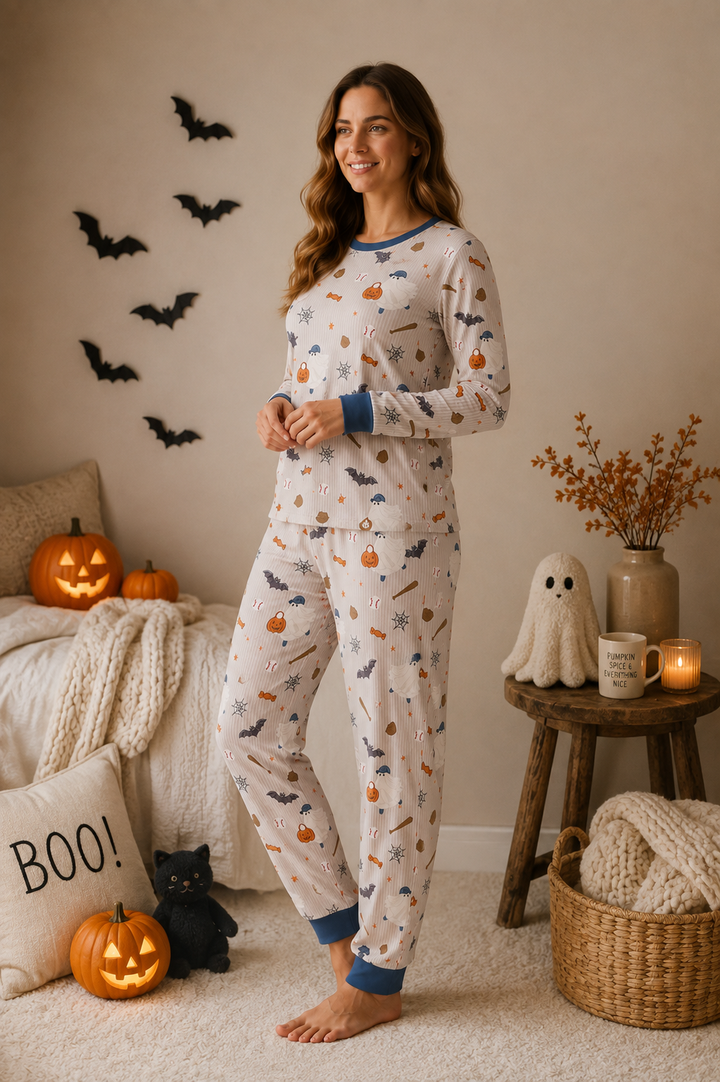 Woman wearing white long-sleeve pajamas with a print of ghosts, baseballs, bats, and pumpkins in a decorated room.