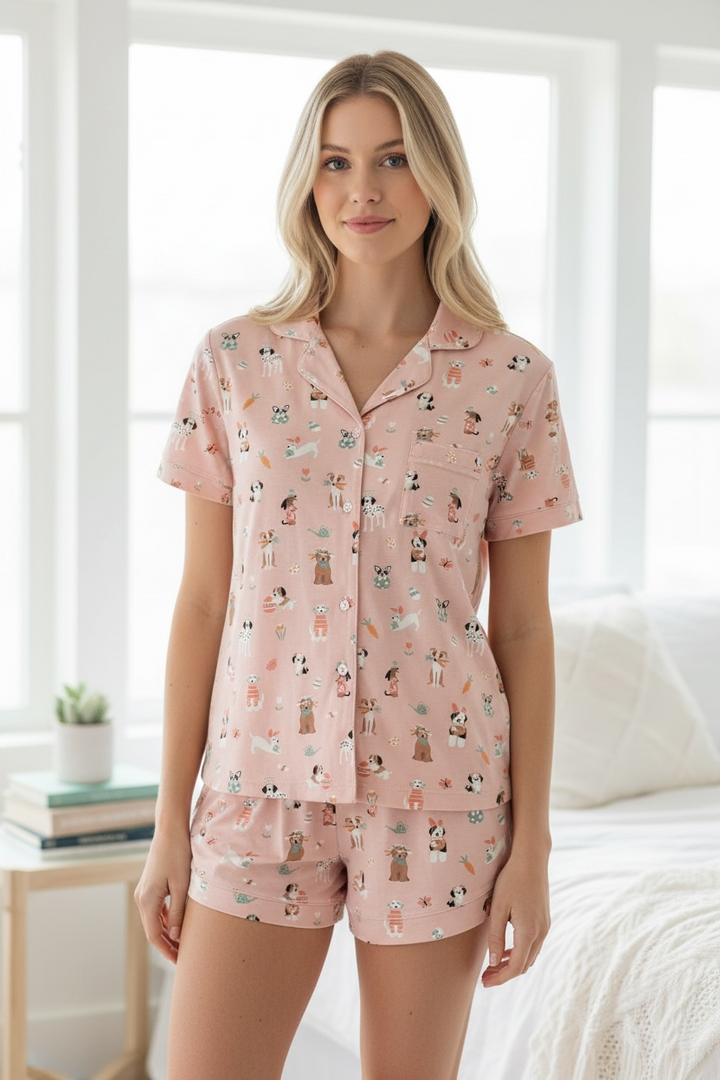 Puppy Egg Hunt (Women's Short Sleeve PJ) - Pink