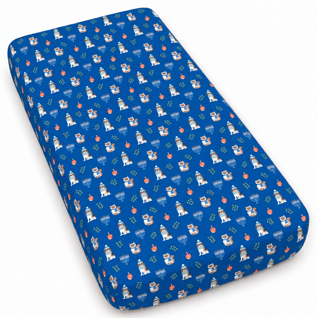 Hanukkah Pets (Crib Sheet) - blue — AI-generated image, print scale referenced to Long Sleeve PJ