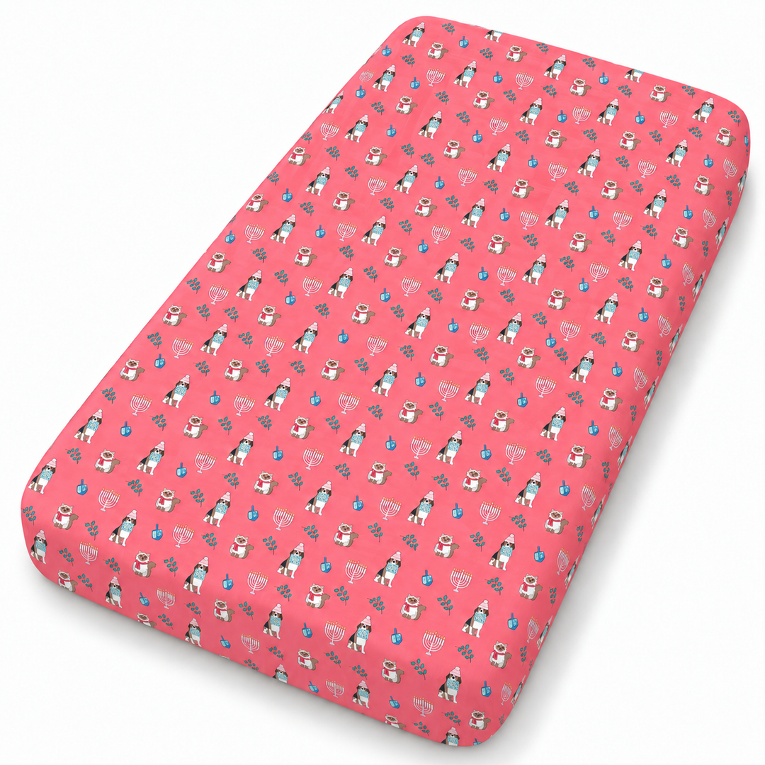 Hanukkah Pets (Crib Sheet) - pink — AI-generated image, print scale referenced to Long Sleeve PJ