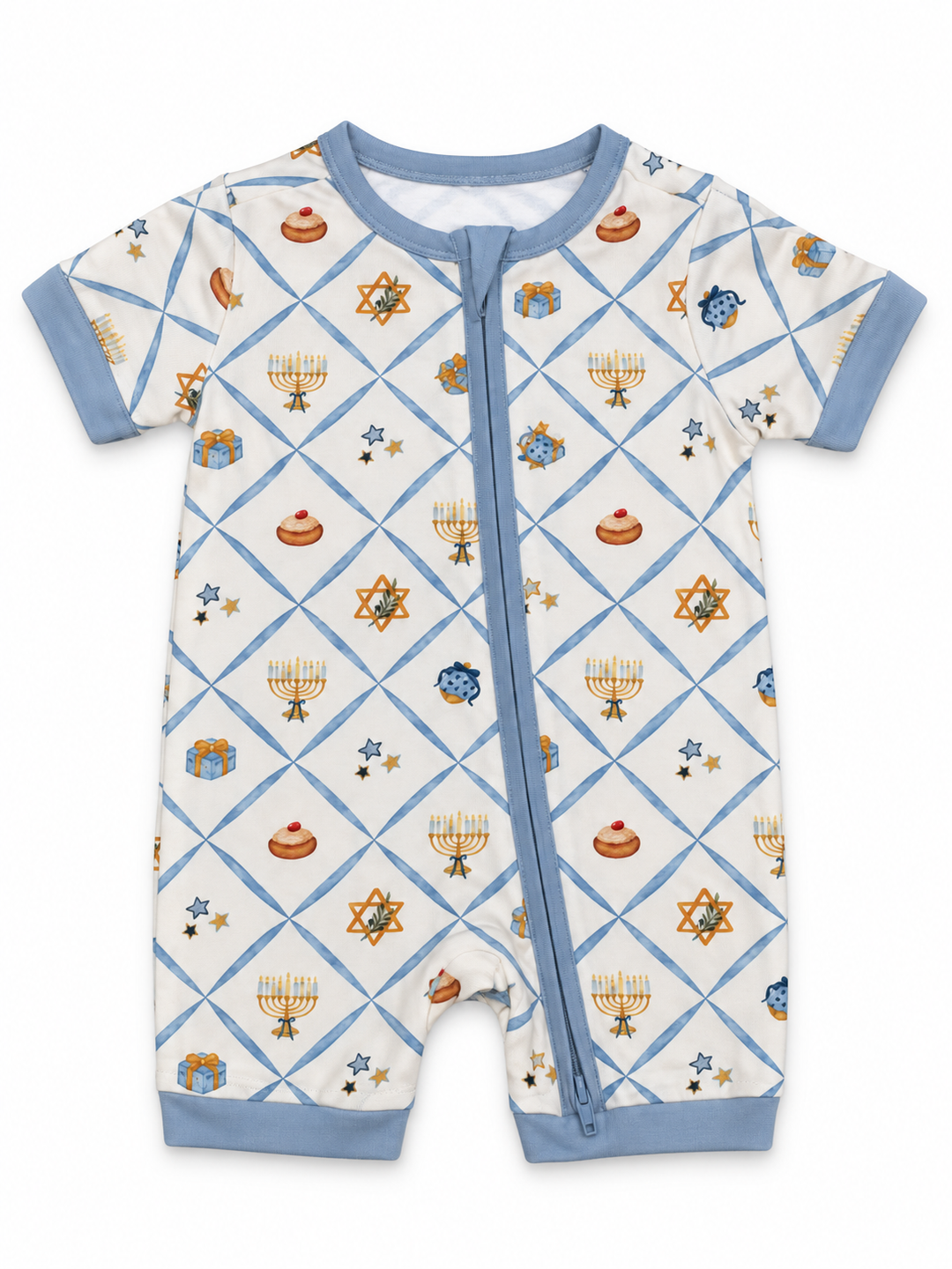 Hanukkah Wishes (Romper) — AI-generated product mockup with sample-matched blue cuffs