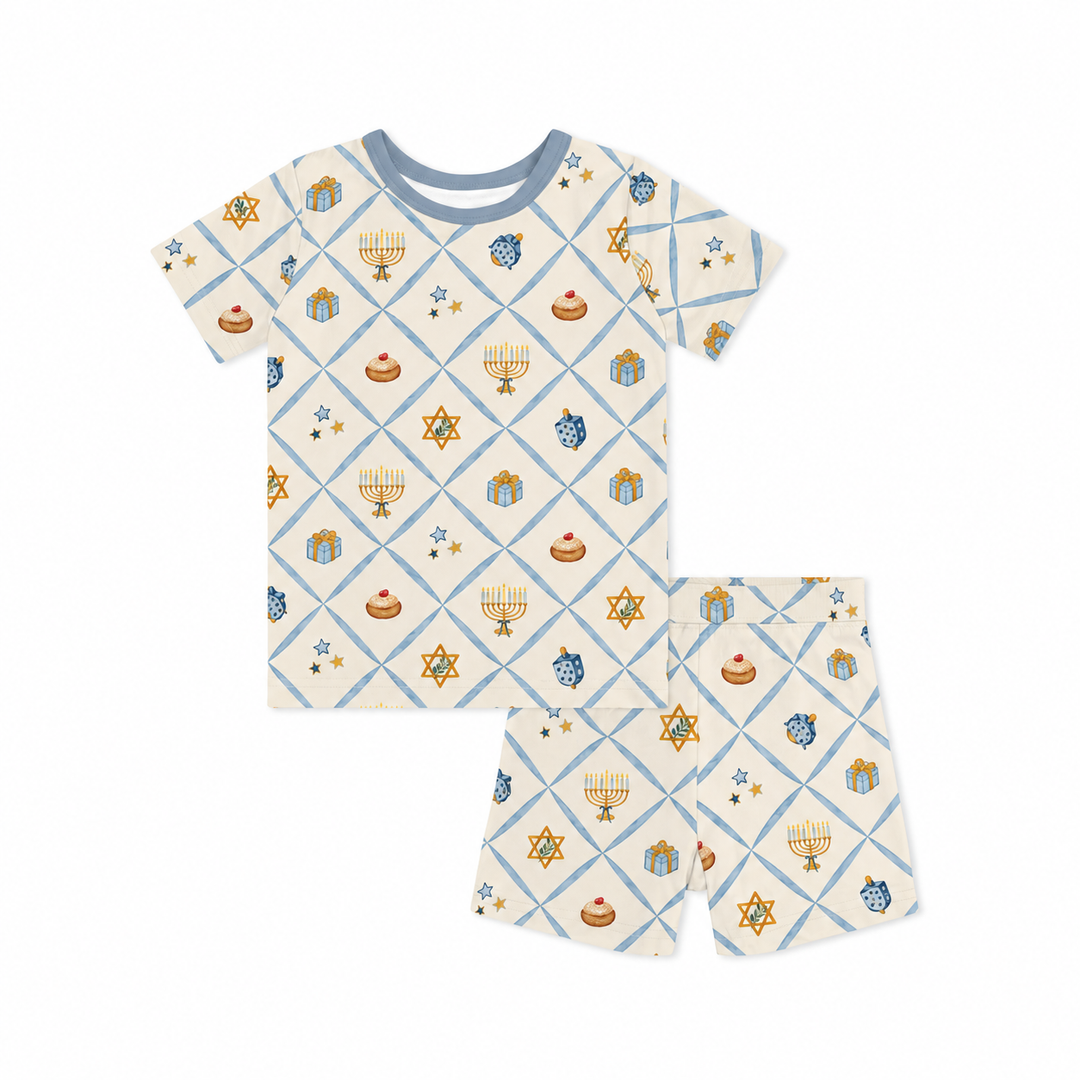 Hanukkah Wishes (Short PJ Set) — short-sleeve shirt and shorts without cuffs, AI-generated product mockup