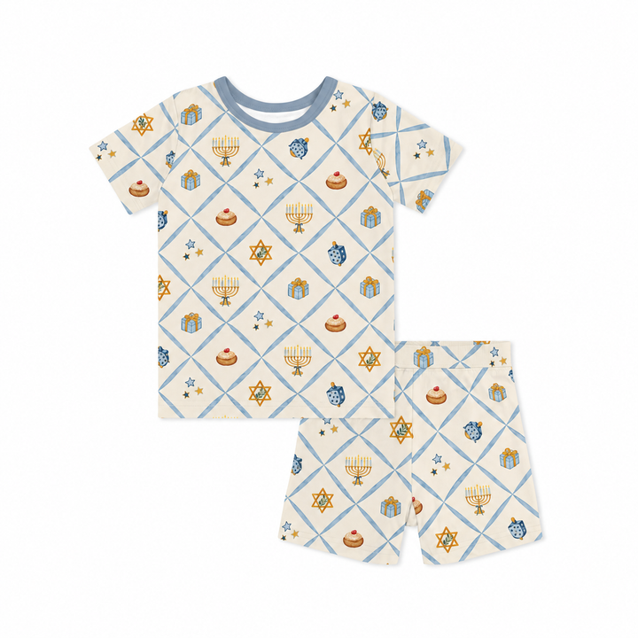 Hanukkah Wishes (Short PJ Set) — short-sleeve shirt and shorts without cuffs, AI-generated product mockup