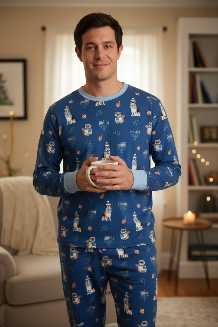 Hanukkah Pets (Men's Long Sleeve PJ) - Blue