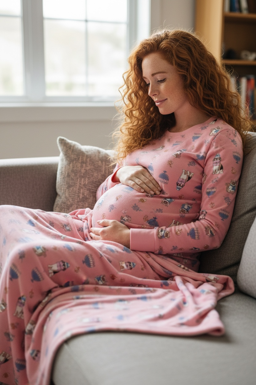 A woman in pink Hanukkah Pets pajamas sits on a couch covered with a matching pink fabric Dream Blanket.