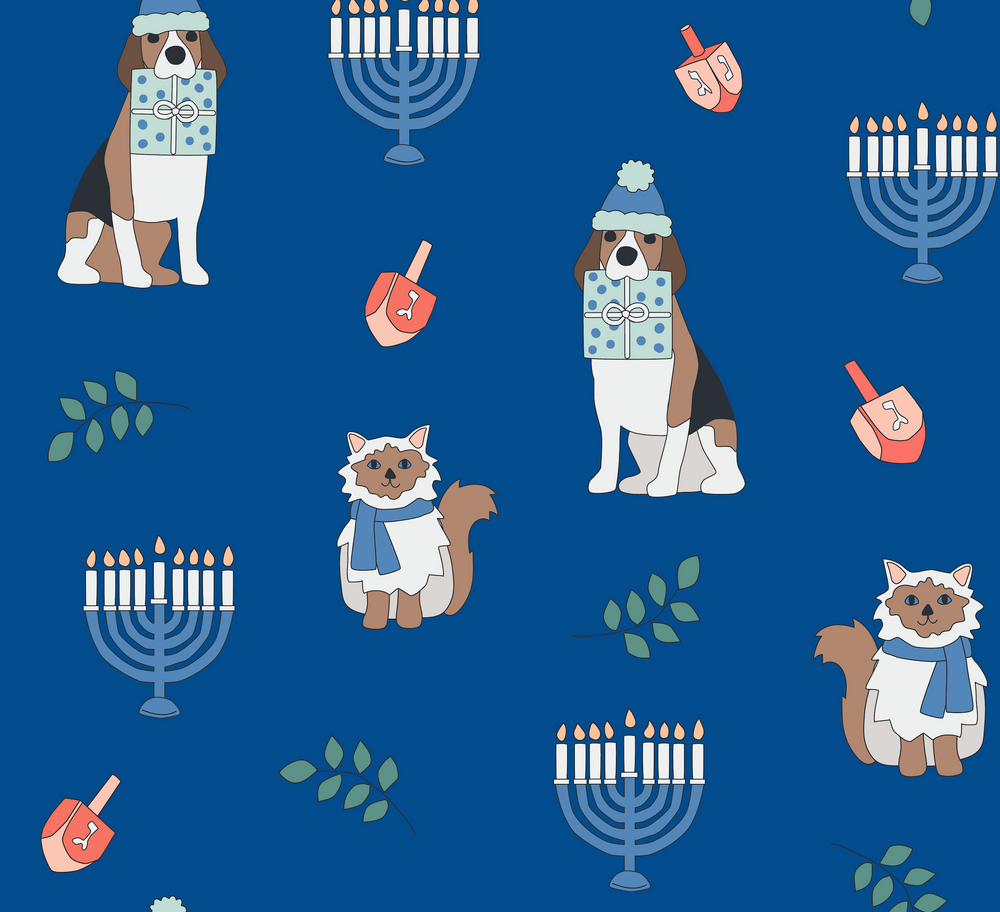 Blue fabric pattern with dogs holding gifts, cats in scarves, menorahs, and dreidels for Hanukkah Pets Dream Blanket.