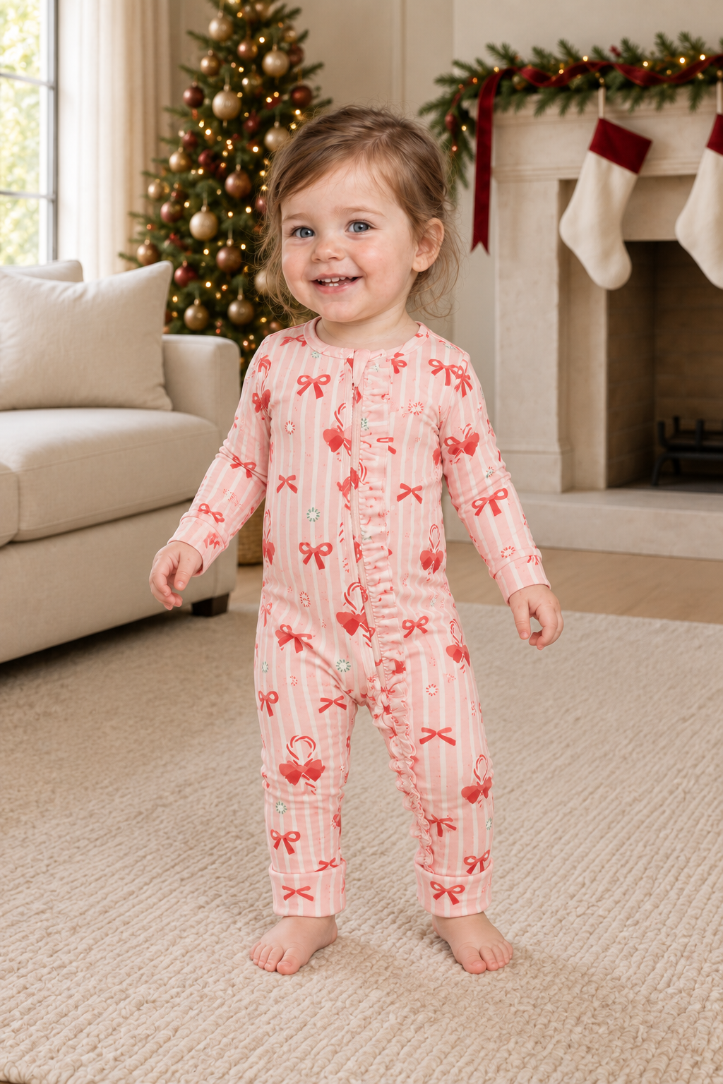Toddler wearing Peppermint Lane pink striped ruffle convertible zip footies, full outfit view.