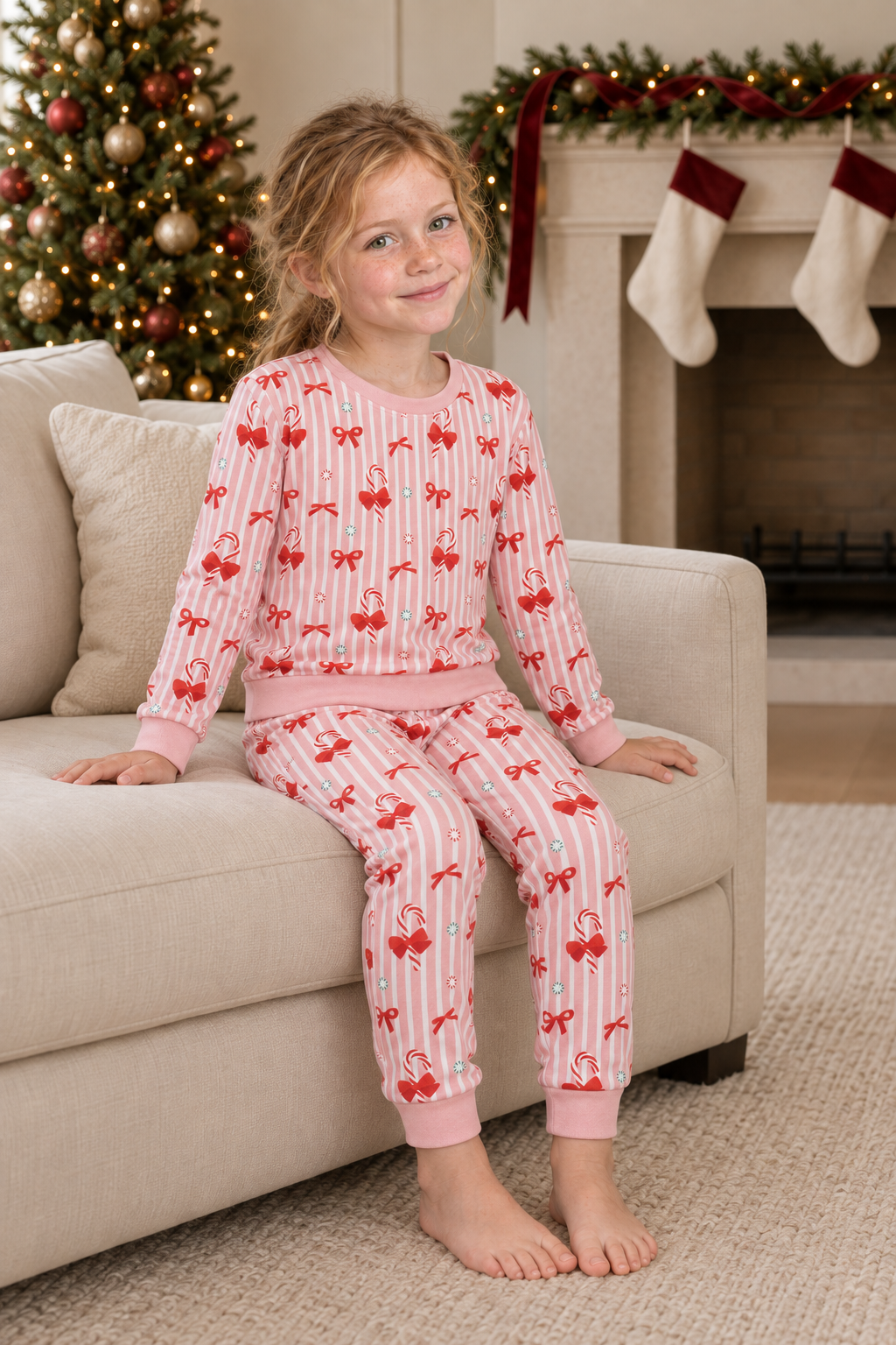 Child seated on an ivory sofa wearing the Peppermint Lane Pink Bows jogger set.