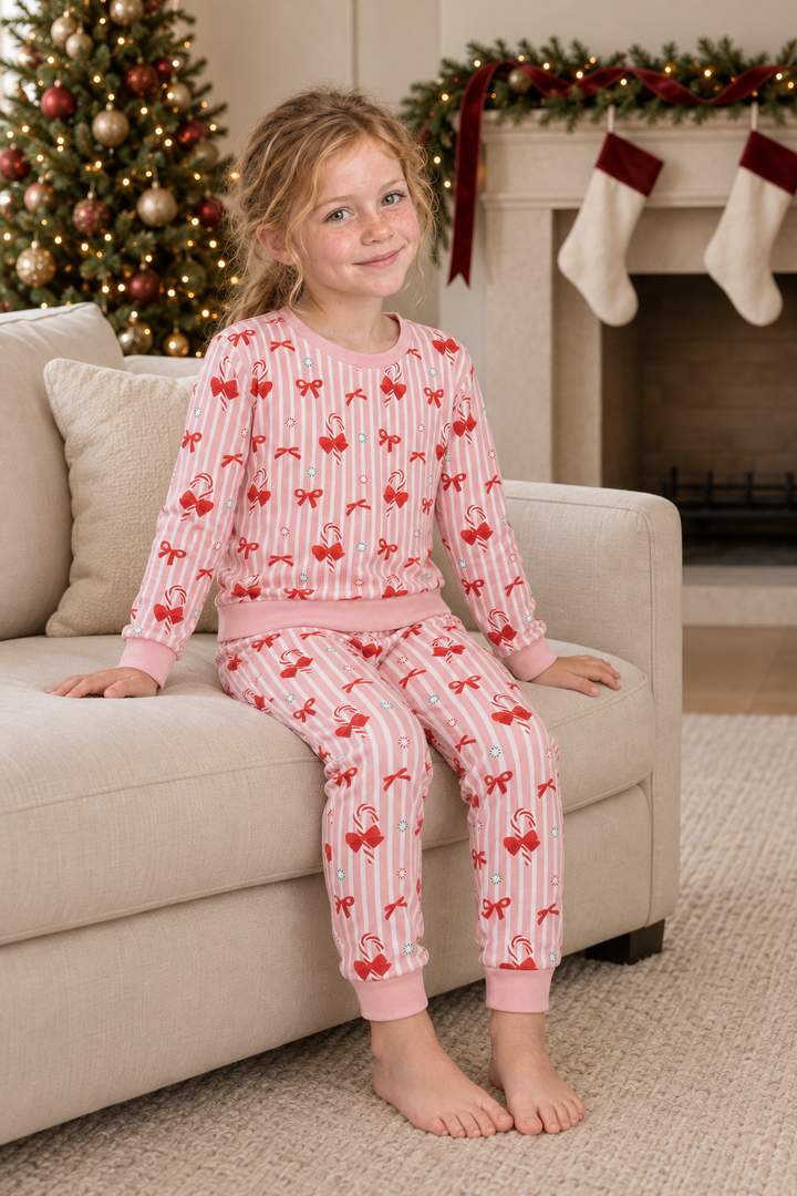 Child seated on an ivory sofa wearing the Peppermint Lane Pink Bows jogger set.