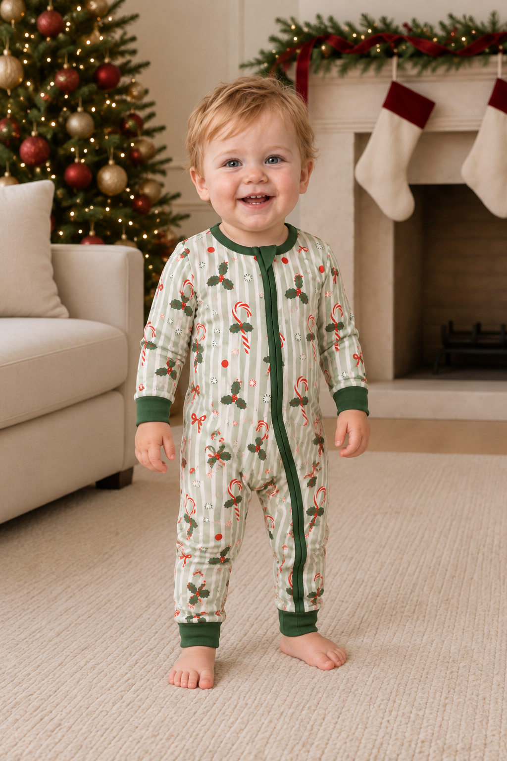 Toddler wearing Peppermint Lane Holly Green convertible zip footies with open ankle cuffs.