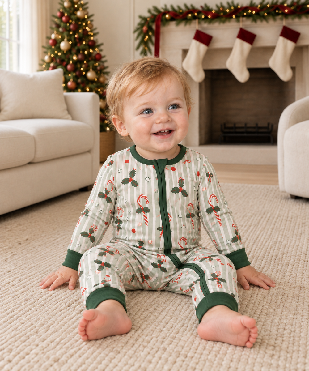 Toddler seated on a rug wearing Peppermint Lane Holly Green convertible zip footies with open feet.