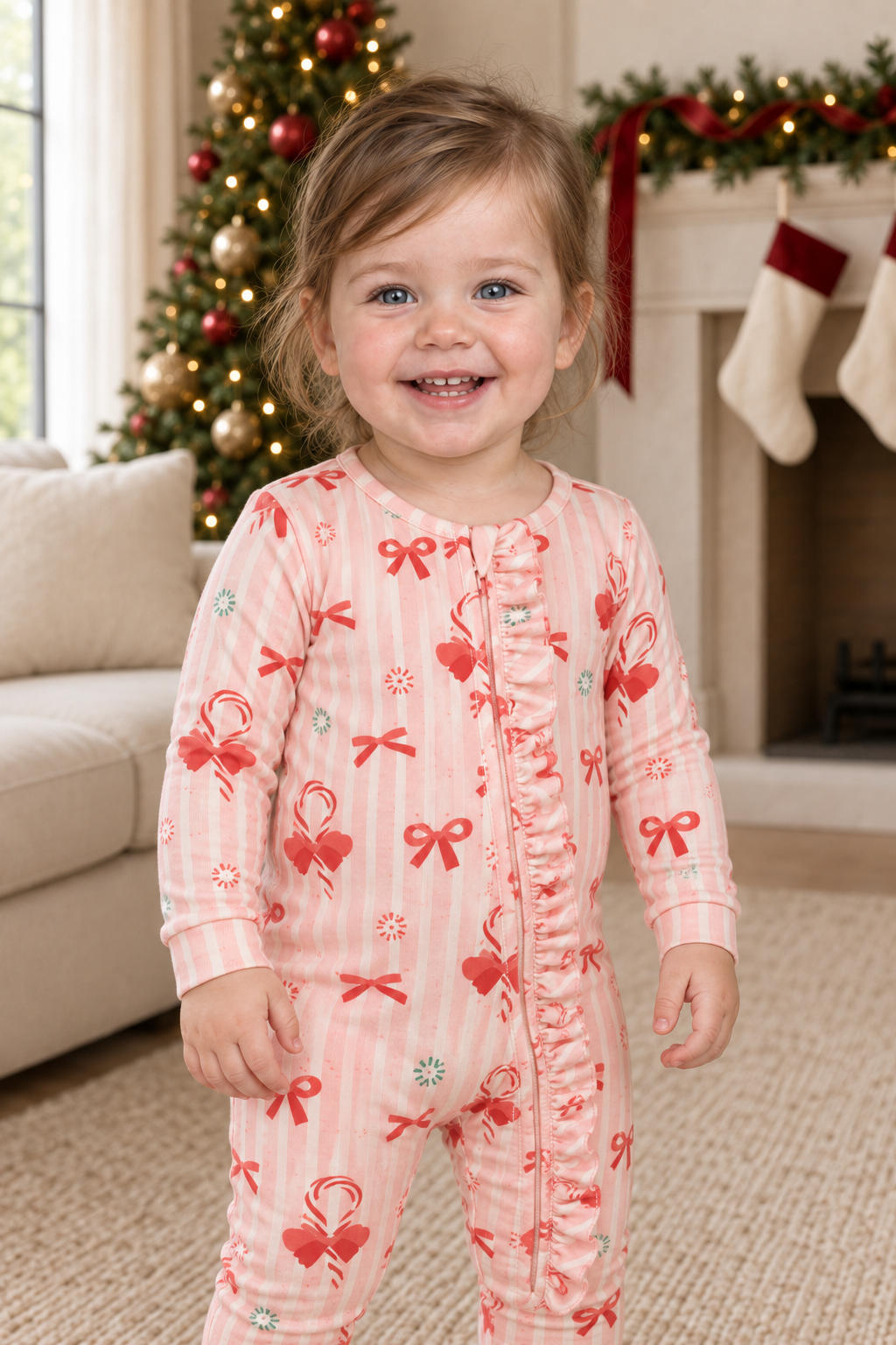 Close view of pink striped Peppermint Lane ruffle zip footies showing neckline, zipper and ruffle.