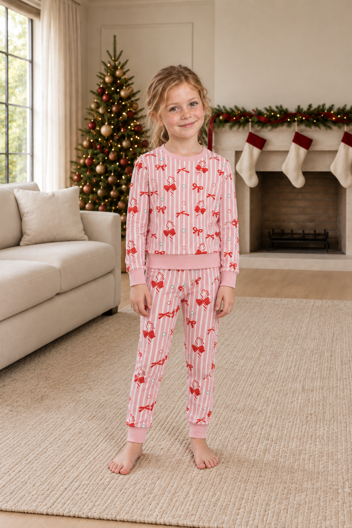 Child wearing the Peppermint Lane Pink Bows jogger set, full outfit view.