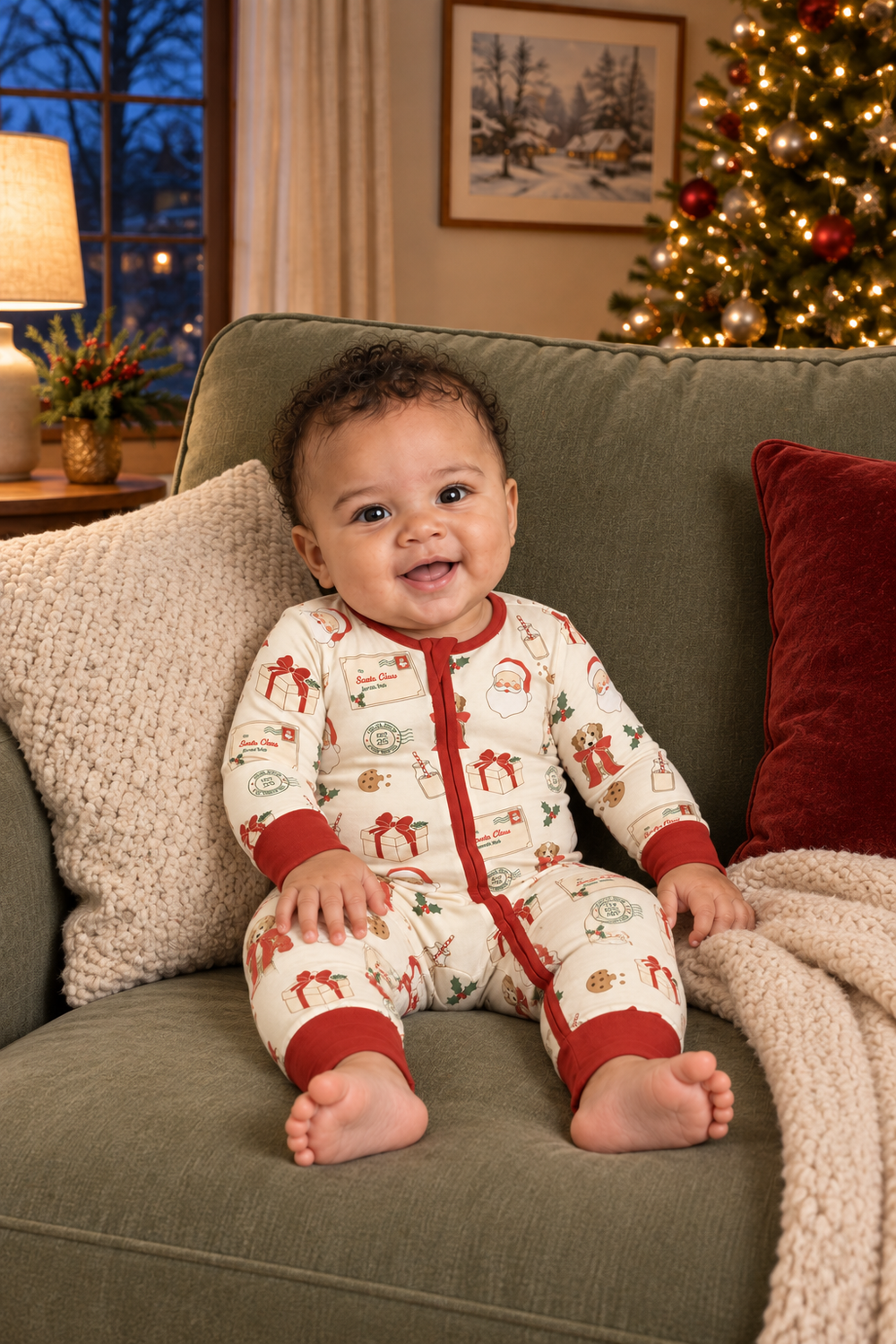 Baby wearing Letters to Santa Convertible Zip Footies with red trim.
