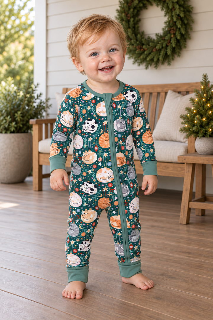 Merry Little Meows convertible zip footies, full outfit view on a toddler.