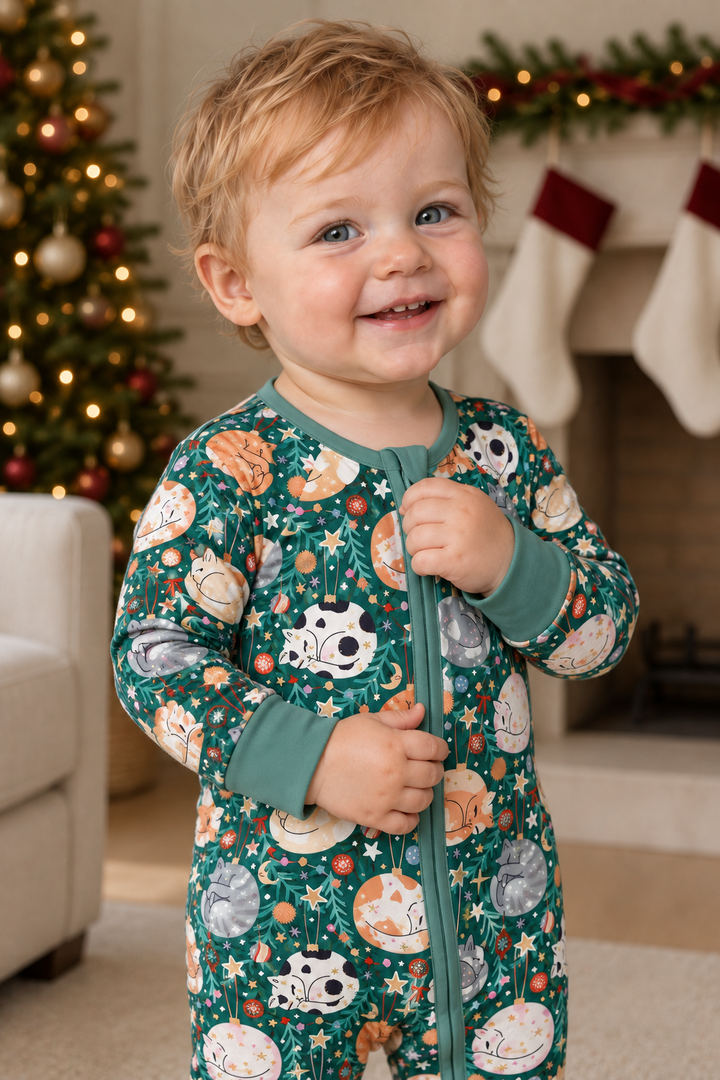 Merry Little Meows (Convertible Zip Footies) — detail view.
