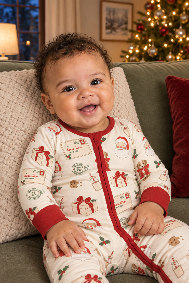 Baby wearing Letters to Santa Convertible Zip Footies with red trim.