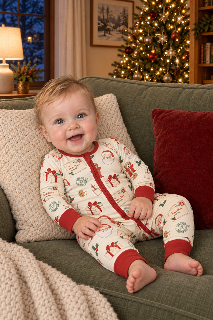 Baby reclining in Letters to Santa Convertible Zip Footies with red trim and open feet.