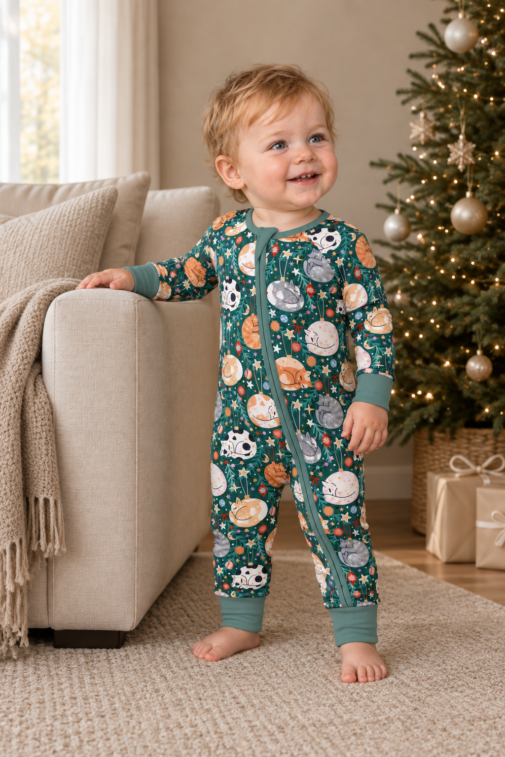 Merry Little Meows (Convertible Zip Footies) — lifestyle view.