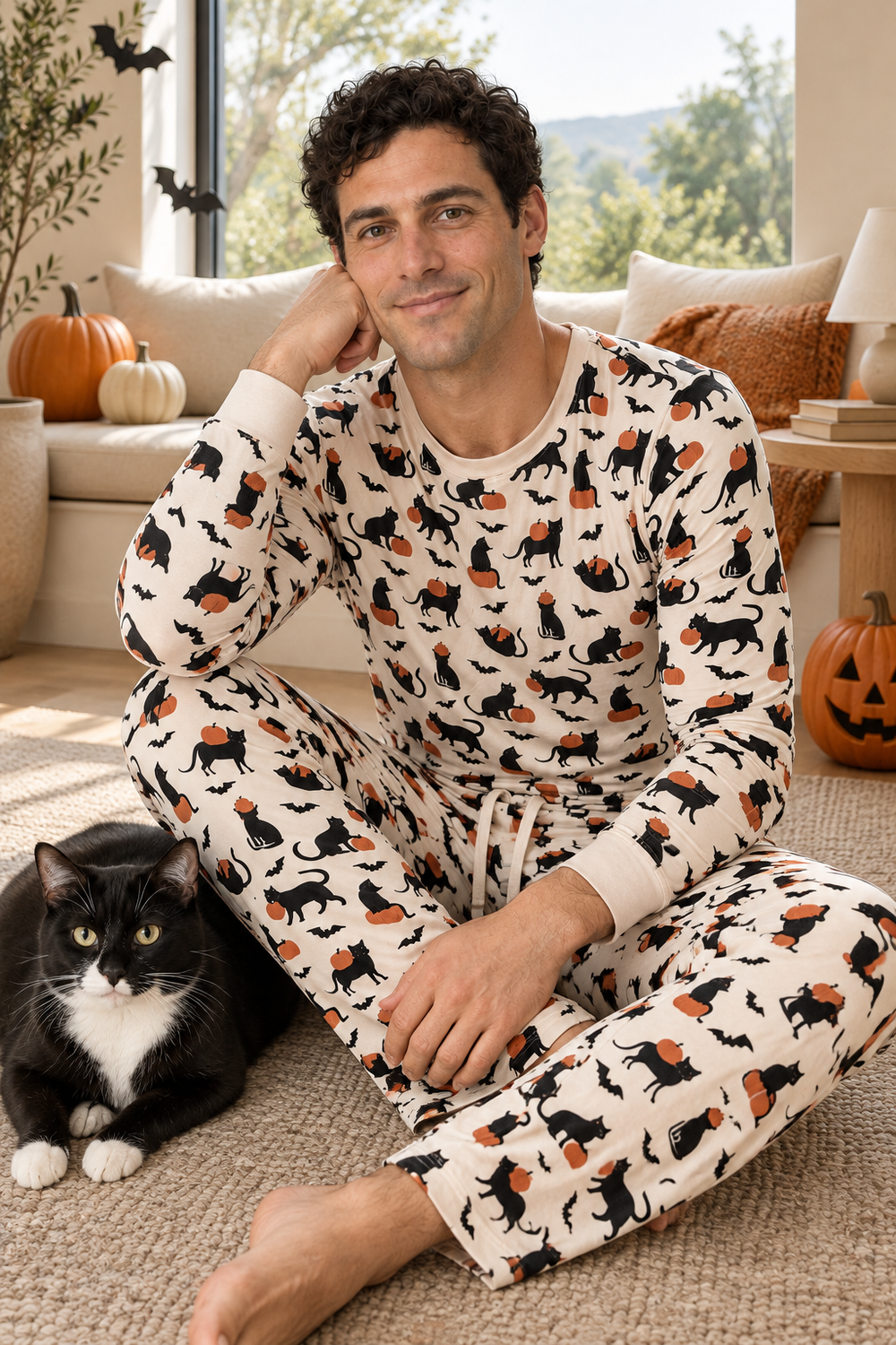 Close view of Pumpkin Cats men's pajamas, showing the print, ivory cuffs and drawstring waist.