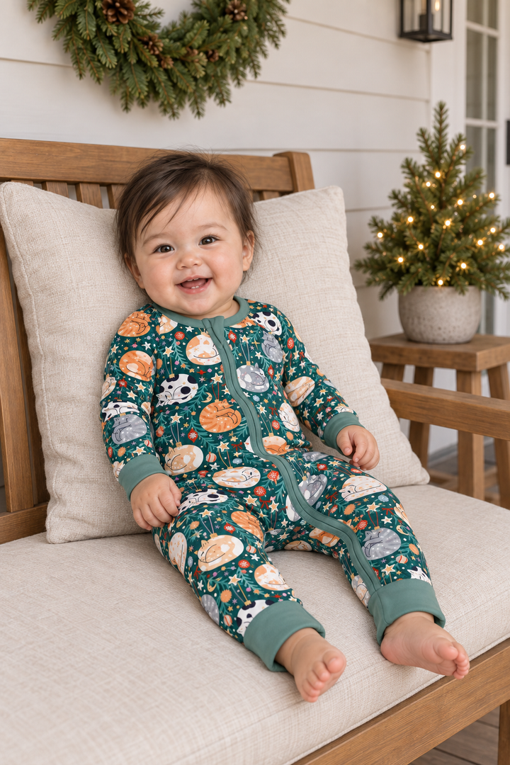 Merry Little Meows (Convertible Zip Footies) — complete product view.