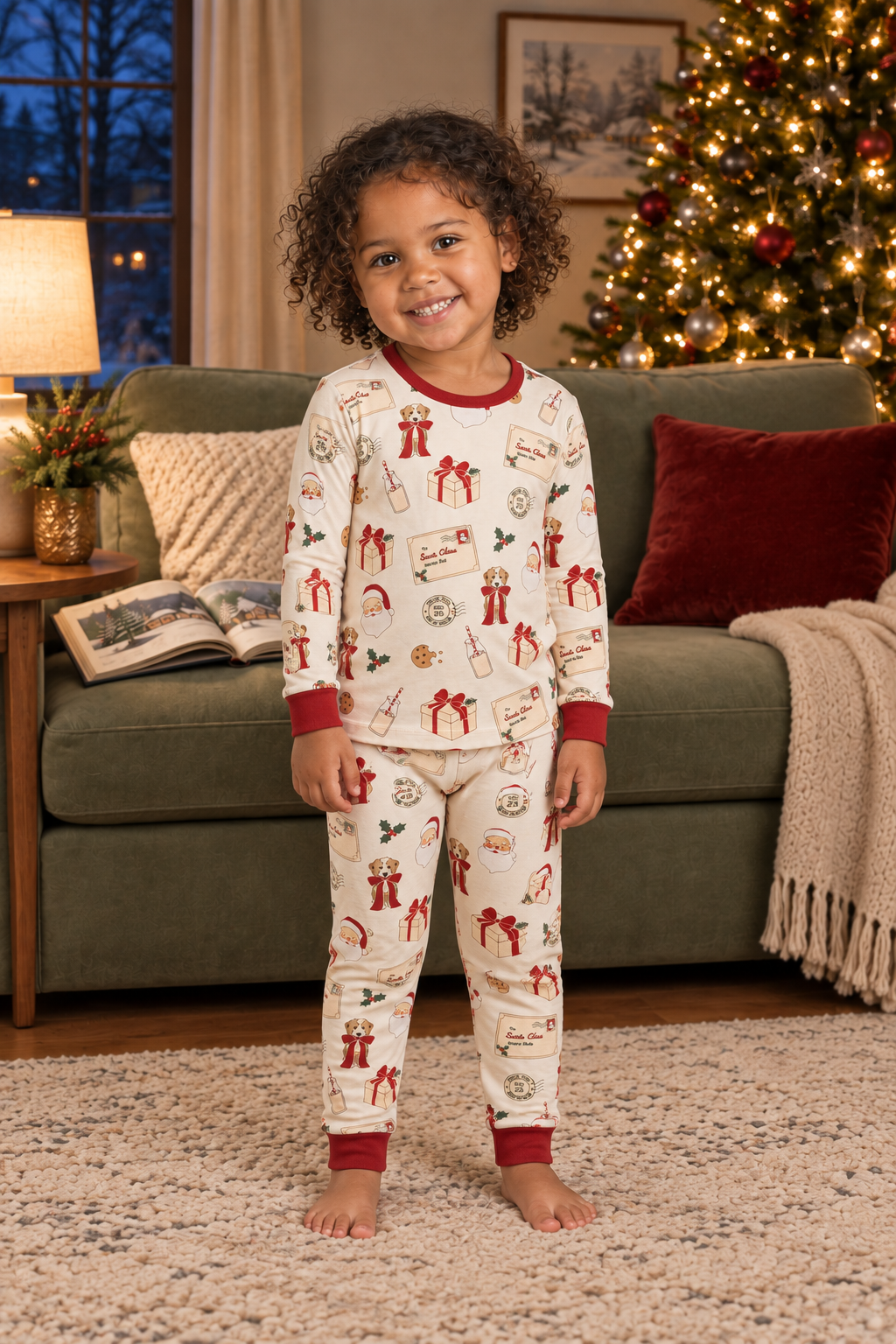Child wearing cream Letters to Santa Long Sleeve PJ set with red cuffs and Christmas print.