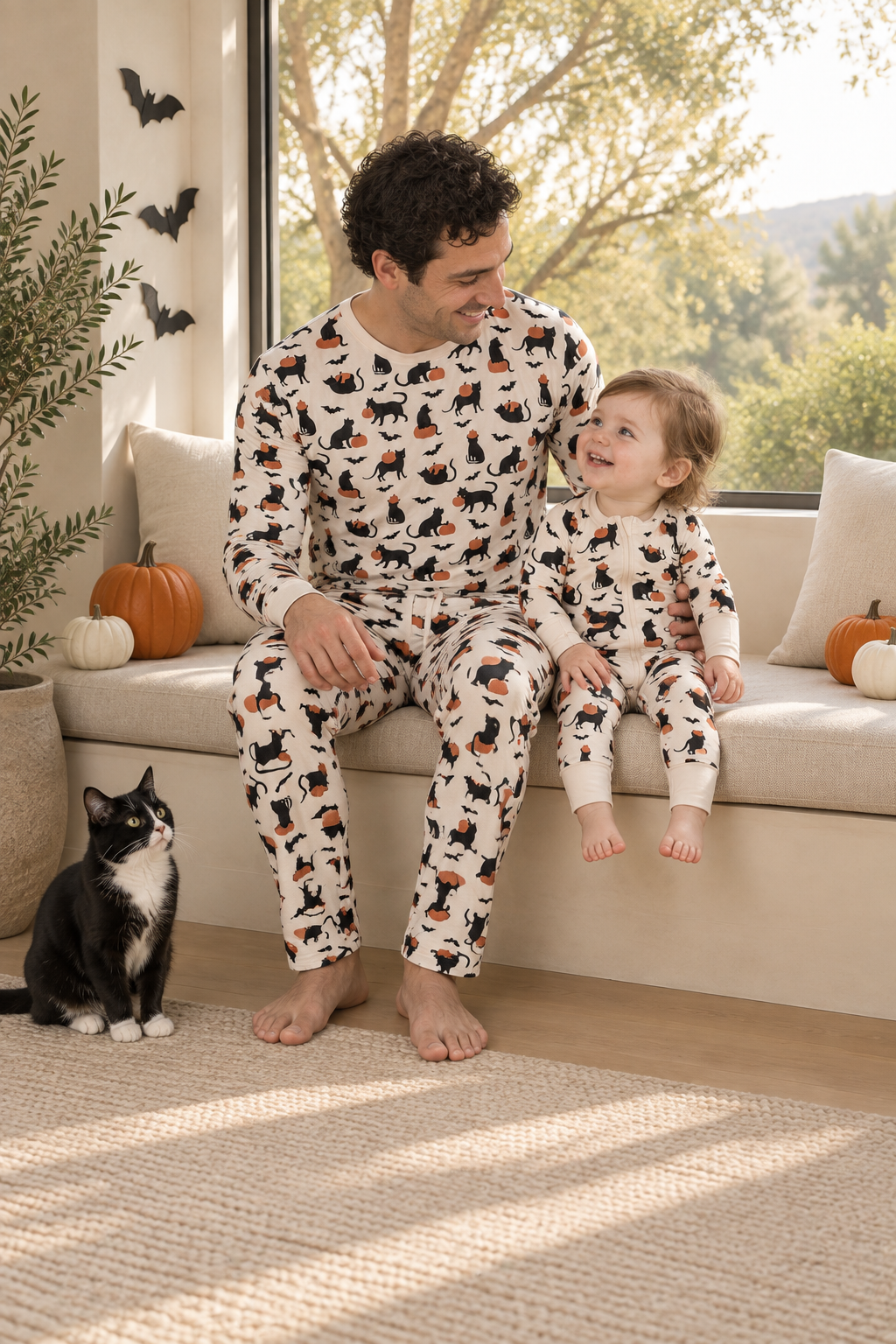 Dad and toddler seated together in matching Pumpkin Cats pajamas in a Halloween-decorated window corner.