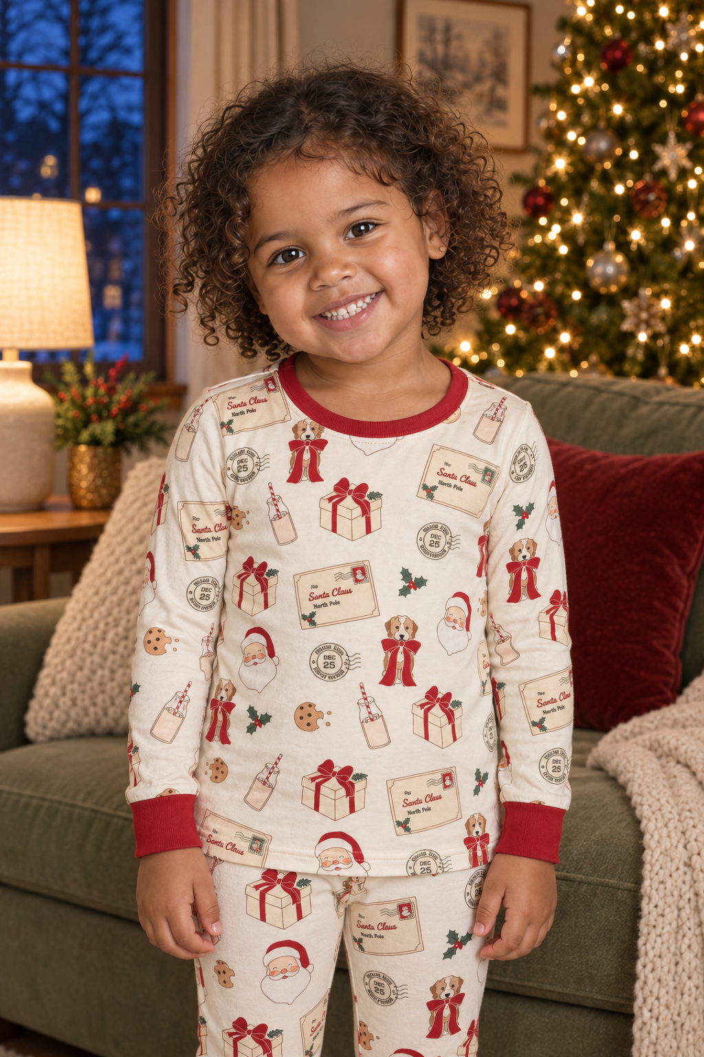 Child wearing cream Letters to Santa Long Sleeve PJ set with red cuffs and Christmas print.