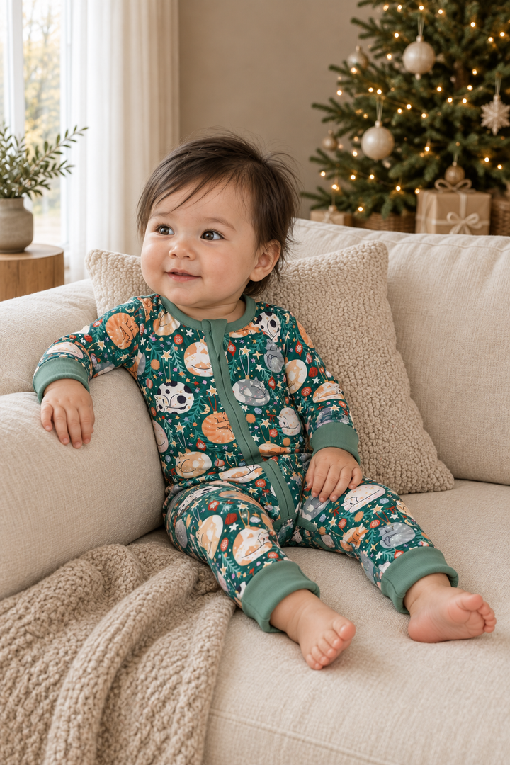 Merry Little Meows (Convertible Zip Footies) — lifestyle view.