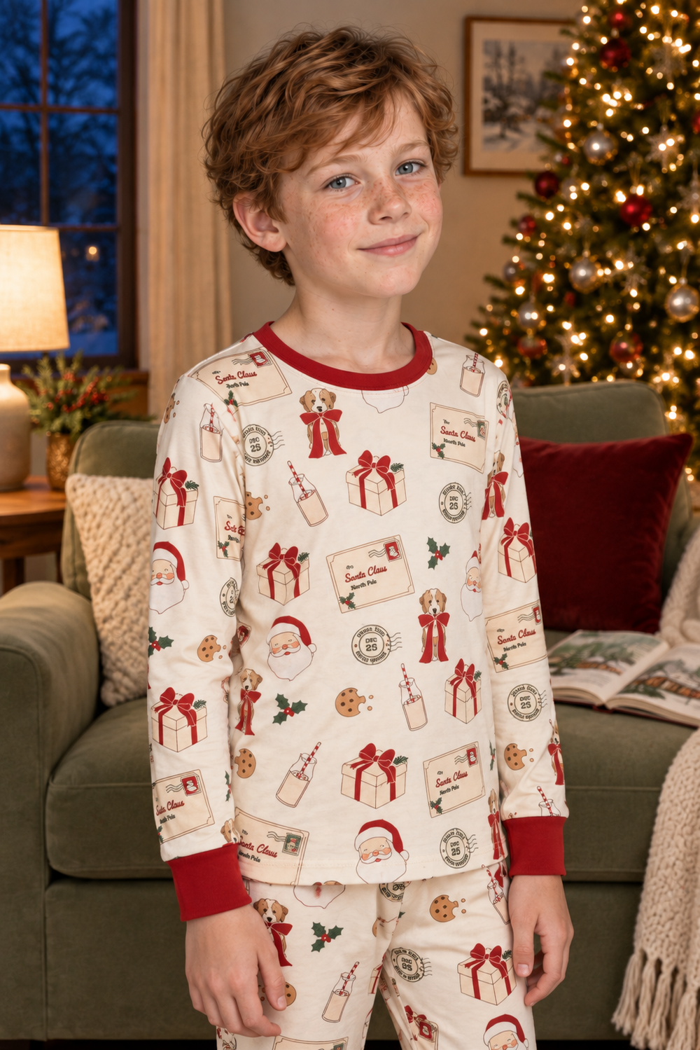 Child wearing cream Letters to Santa Long Sleeve PJ set with red cuffs and Christmas print.