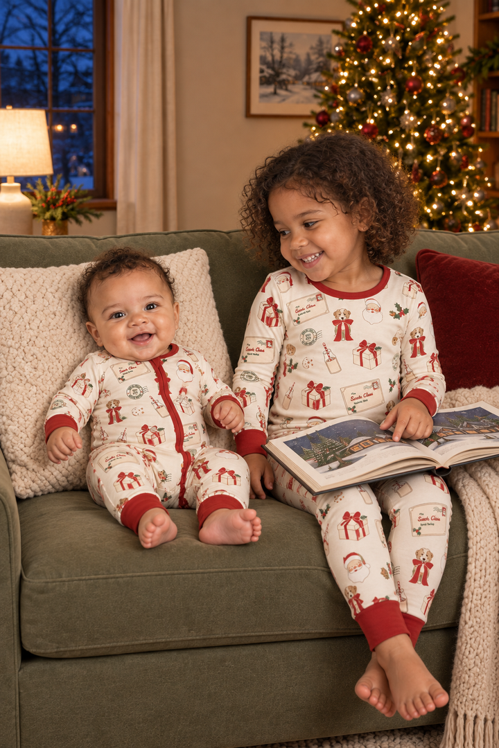 Siblings in matching Letters to Santa zip footies and long sleeve pajamas beside a Christmas storybook.
