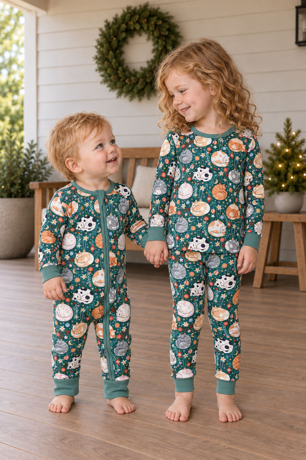 Merry Little Meows (Convertible Zip Footies) and Merry Little Meows (Long Sleeve PJ) — group view.