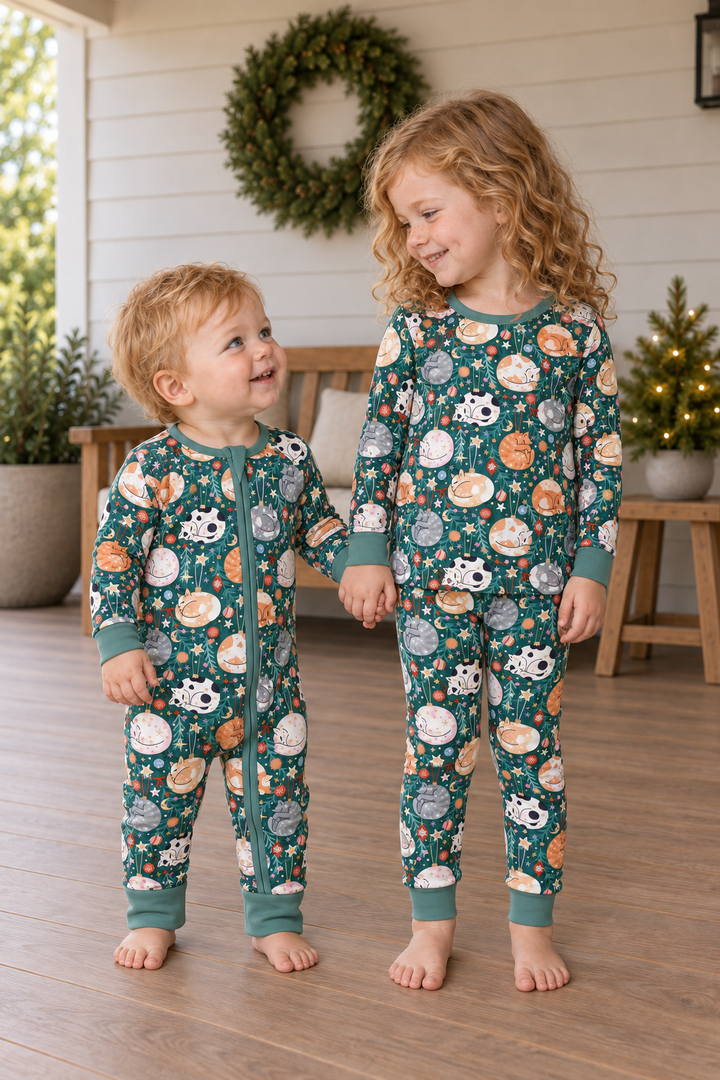Merry Little Meows (Convertible Zip Footies) and Merry Little Meows (Long Sleeve PJ) — group view.