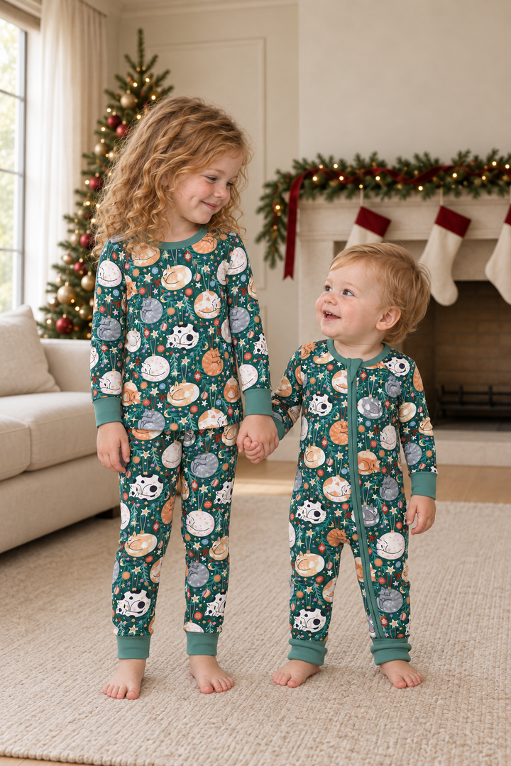 Merry Little Meows (Convertible Zip Footies) and Merry Little Meows (Long Sleeve PJ) — group view.
