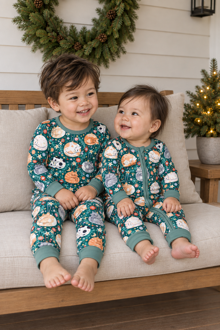 Merry Little Meows (Convertible Zip Footies) and Merry Little Meows (Long Sleeve PJ) — group view.