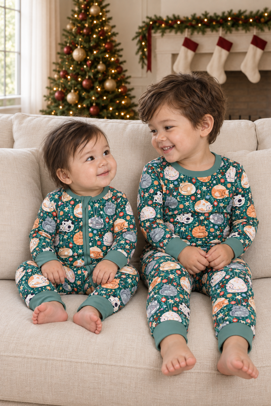 Merry Little Meows (Convertible Zip Footies) and Merry Little Meows (Long Sleeve PJ) — group view.